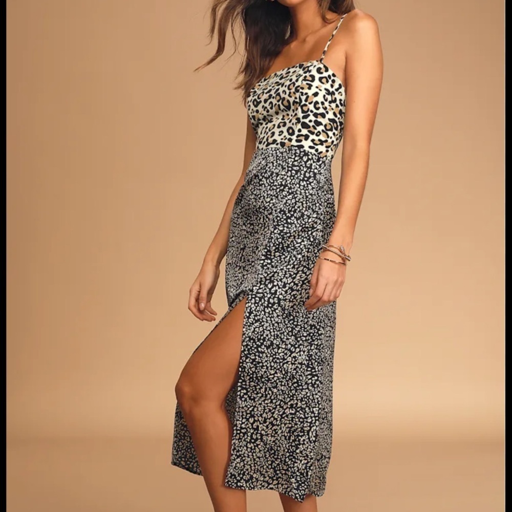 Lulus Being Bold Leopard Print Satin Midi Slip Dress Small